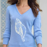 Venus Seashell VNeck Sweater Light Blue Beach Coastal Nautical Knit Plus Size 1X Photo 0