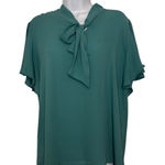 Loft  Size Large Green Tie Neck Blouse Flutter Sleeves Flowy Lightweight Preppy Photo 0