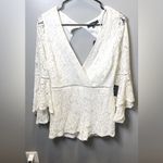 Lulus Women's NEW Babygirl White Lace Faux Wrap Romper Bell Sleeves Size Large Photo 2