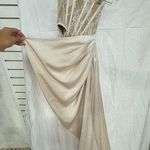 Miss Circle Floral Strapless Corset Cutout High Slit Satin Gown Beige Women's XS Photo 0