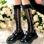 Retro Vintage Style Bow Accent Knee High Socks Flirty Ruffle Trim Soft Lace Calf Black Photo 1
