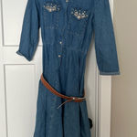 Vintage Chic Denim Long Sleeve Dress with Belt Blue Size M Photo 0