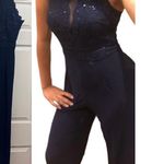 Nightway  Size 4 Blue Halter Jumpsuit Glitter Lace Illusion Wide Leg Prom wedding Photo 1