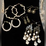 Five Pair Vintage to Modern Preloved Brass Gold tone earring Set White Photo 0