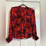Saylor BECK ABSTRACT RED ORANGE PURPLE FLORAL RUFFLE MOCK NECK BLOUSE SIZE XS Photo 3