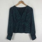 J.Crew  Emerald Green Zebra Satin V Neck Puff Sleeve Blouse Size 6 Animal Print Photo 3