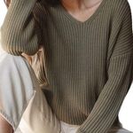 Jenni Kayne Fisherman Organic Cotton Blend Sweater V Neck Oversized Green Small Photo 0