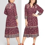 Knox Rose Floral Print Long Sleeve V-Neck Button Down Shift Midi Dress Burgundy Photo 1