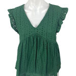 The Impeccable Pig Green Embroidered Eyelet Ruffle Babydoll Blouse Top Size M Photo 0