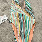 The Bikini Lab New Small Blue, Orange Asymmetrical Plunge Halter One Piece Swim Suit Photo 9