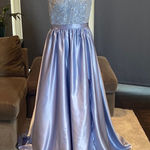 Women’s Full Length Lace Appliqué Satin Prom Party Dress with Leg Slit Size 12 Blue Photo 0