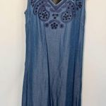 Beige By ECI Sleeveless Embroidered With Fringe Chambray Denim Dress Blue Small Photo 0