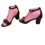 Tory Burch NAVY BLUE W/GOLD BUCKLE LEATHER SNAKESKIN-EMBOSSED HEELED SANDALS (6) Photo 3