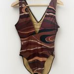 Vintage Spiegel One Piece Swimsuit Brown Silver Print Deep Plunge With Chain 14 Photo 0