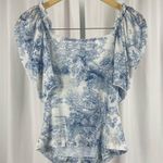 Cottagecore Medium Chic Tree Chinoiserie Art Artsy Print Puff Sleeve Ruched Top Blue Photo 2