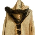 Kenji Handknit Wool Blend Hooded Fur Sweater Women's Large Open Cable Knit Tan Photo 1