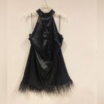 WAYF NWT  Floral Jacquard Halter Neck Feather Trim Mini Dress Size Medium Photo 4