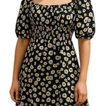 Motel Rocks Motel Daisy Print Mini Dress Smocked Puff Sleeve Square Neck Black Sz M Cottage Photo 0