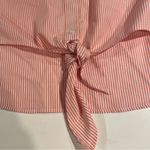 Chico's  No Iron Button Up Shirt Top Front Tie Pinstriped White Coral Sz 2 Lg Photo 4