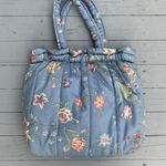 Vintage Blue Floral Puffy Quilt Tote Purse w/ Metal Bracket Closure Photo 2
