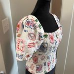 NWT Monteau Smocked Square Neck Puff Sleeve Crop Top Tropical Print Hawaiian‎ XL White Photo 5