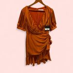 Mac Duggal  NWT pumpkin spice sexy satin puff sleeve mini ruffle dress faux wrap Photo 2