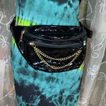 Black Quilted Patent Leather Fanny Pack with Gold Chain Zip Photo 0