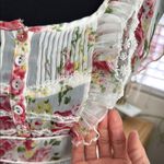 Vintage Y2K Blue Sketch Sheer Floral Lace Trim Back Tie Blouse Top Size L Photo 5