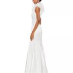 Mac Duggal  BRAND NEW #68137 Satin Feather Shoulder V-Neck Gown in White Size 4 Photo 3