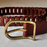 Vintage 90s DKNY Cognac Leather Woven Belt Brass Buckle Small Boho Minimalist Brown Size XS Photo 0