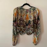 Maria Cher. Blue Purple Floral Abstract Blouse Rouched Cropped Silk size Large Photo 6