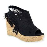 Olivia Miller š Fringe Peep Toe Cutout Cork Wedge Sandals š Black Microsuede š Photo 14