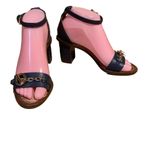 Tory Burch NAVY BLUE W/GOLD BUCKLE LEATHER SNAKESKIN-EMBOSSED HEELED SANDALS (6) Photo 2