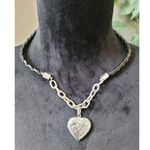 Women's Black Leather Braided Necklace with Silver Heart Locket Lobster Clasp Gold Photo 0