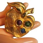 Vintage Gold Tone Apple Brooch with Jewel Photo 2