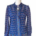 Robert Graham NWOT  Paisley Ruffle Tie Neck Top Blouse Blue Small Photo 4