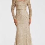 Mac Duggal NWT 11187 Gold Embroidered Lace Applique Shoulder Detail Trumpet Gown Photo 0