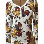 Floral Waffle Knit Henley Top M Soft Cozy Fall Colors Long Sleeve Tee White Size M Photo 0