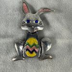 Bunny Rabbit Brooch Pendant Colorful Easter Egg Design Blue Rhinestone Eyes Silver Photo 1