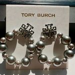 Tory Burch New Authentic  Silver Britten Pearl Logo Earrings on TB Earring Card Photo 4