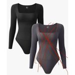 NEW Black Ribbed 1 Piece Square Neck Long Sleeve Bodysuits S Black Photo 4