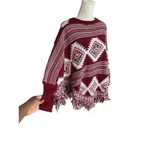 Boho Fringe Hem Poncho Sweater Tribal Aztec Geometric Print Maroon & White Sz S Photo 1