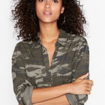 EXPRESS Green Camo Print Sheer Long Sleeve Convertible Button Front Blouse Top M Photo 0