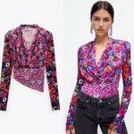 ZARA Floral Wrap Long Sleeve Shoulder Pad Top Photo 1
