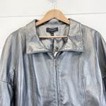 St. John  Leather Jacket Womens Large Pearlized‎ Steel Gray Quiet Luxury Old Money Photo 6