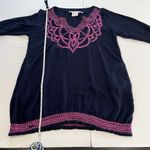 Gretchen Scott Navy Blue Pink Embroidery V Neck Gauze Pockets Tunic Dress LARGE Photo 6