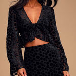 Lulus  You Got This Black Velvet Polka Dot Tie Front Crop Top Small Photo 0