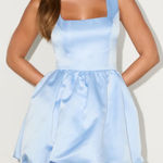 Lulus NWOT  XXL Regal Cutie Light Blue Satin Square Neck Bubble-Hem Mini Dress Photo 0