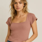 Reformation  Tan Ribbed Square Neck‎ Short Sleeve Top Photo 0