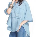 Free People  Blue Linen Cotton Collared Oversized Weekend Shirt Size Small Photo 0